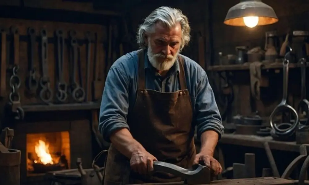 Hands of an artisan working with metalworking tools.